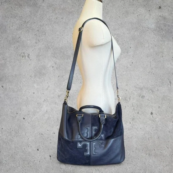 Tory Burch Navy Blue ‘Natalie’ Leather and Suede Satchel/Shoulder/Crossbody Bag - Picture 2 of 8